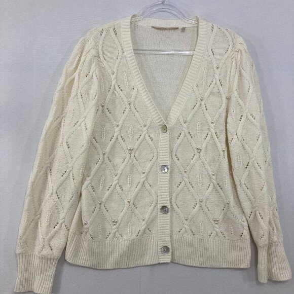 Soft Surroundings Large Preppy Embellished Meryl Cable Cardigan in Ivory Pearl - Picture 3 of 10